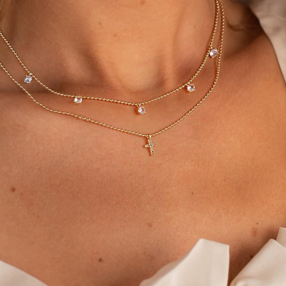 Gold Beaded Women Cross Necklace